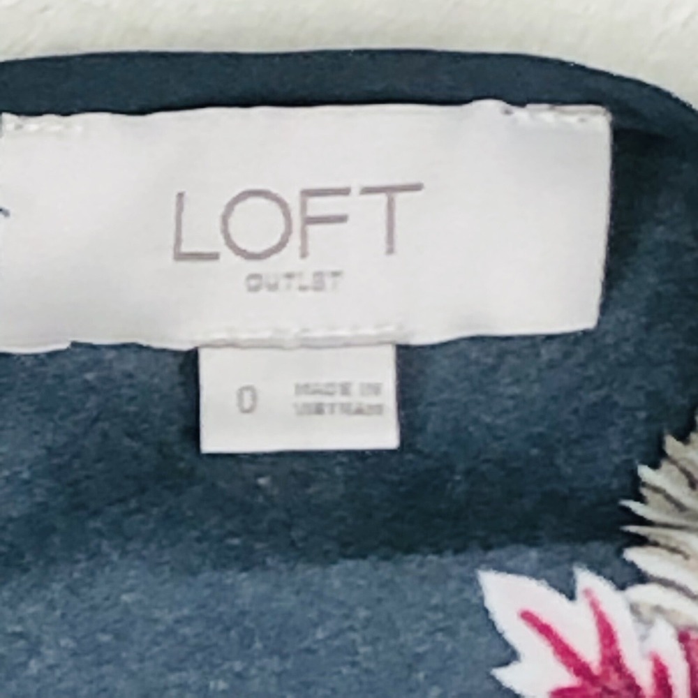 LOFT Womens 0 Dress Gray w Pink Floral Ruffle Crew Neck Short Sleeve Casual Midi - Picture 4 of 8